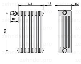 Схема (чертеж) Радиатор Zehnder Charleston 5110/7 №V012 Белый глянцевый RAL 9016